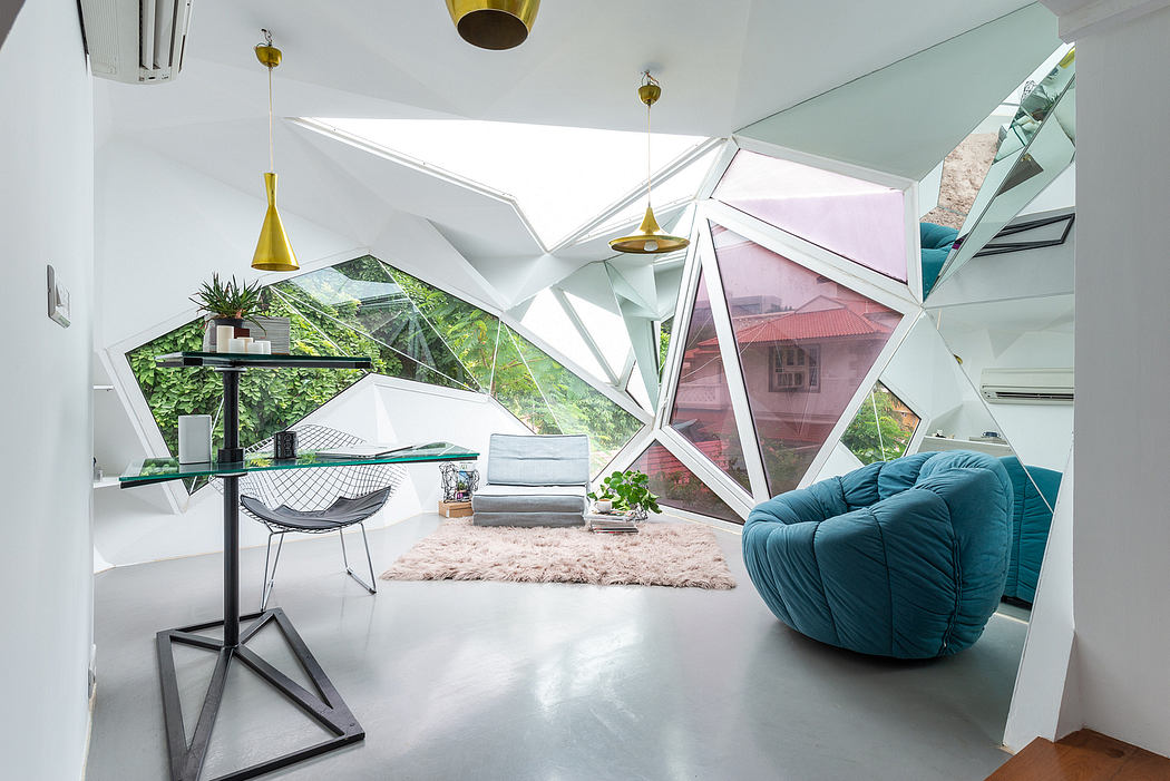 Striking modern architecture featuring angular geometric shapes, vibrant colors, and natural elements.