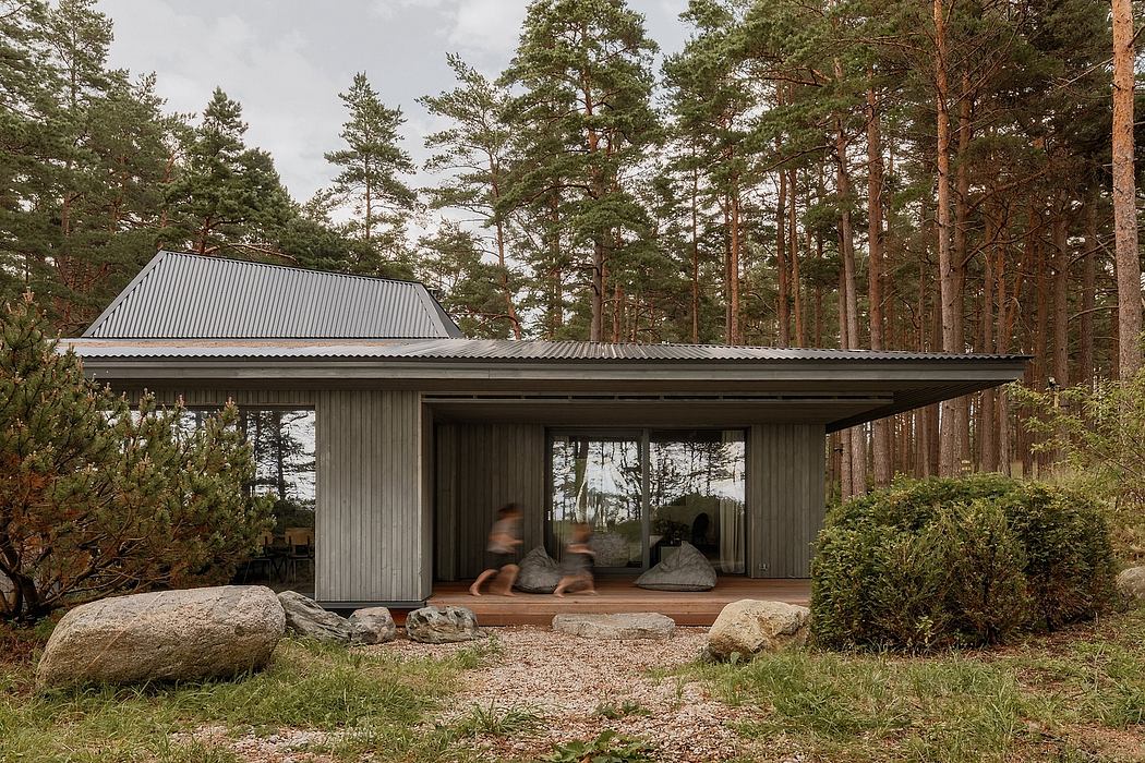 A modern cabin nestled in a dense pine forest, with a covered porch and large windows for enjoying the natural surroundings.