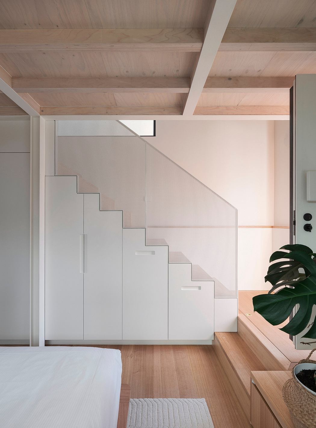 Minimal staircase design with wood-paneled ceiling and planted decor in a bright space.