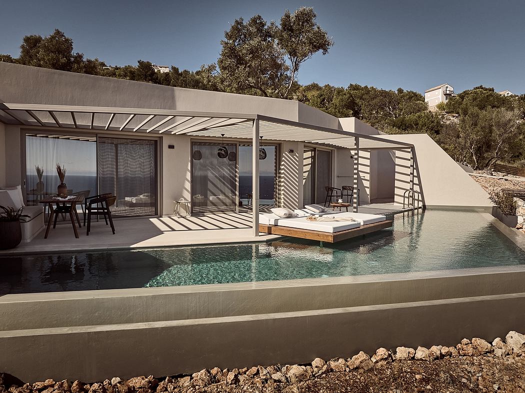 Modern architectural design with open spaces, pool, and surrounding nature.