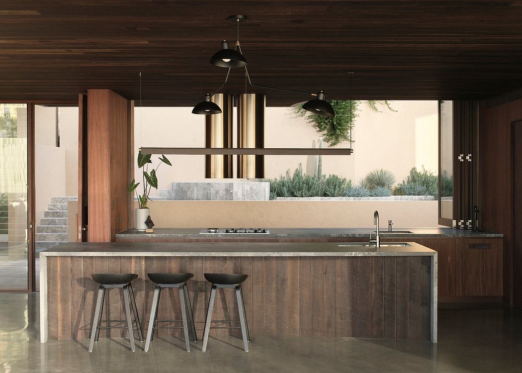 A modern, open-concept kitchen with dark wood finishes, a central island, and a sleek lighting fixture.