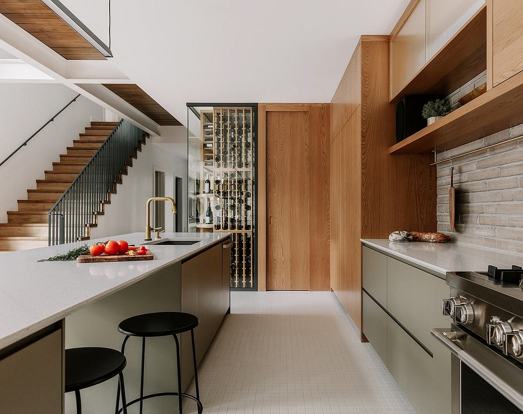 Sleek, modern kitchen with clean lines, wood accents, and a wine rack feature.