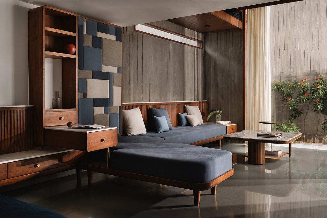 Warm-toned, mid-century inspired living space with built-in shelving and textured walls.