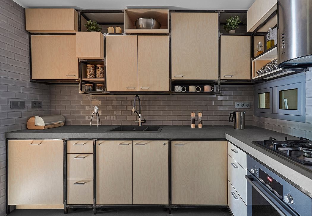 Modern kitchen with wood-toned cabinetry, sleek appliances, and textured backsplash.