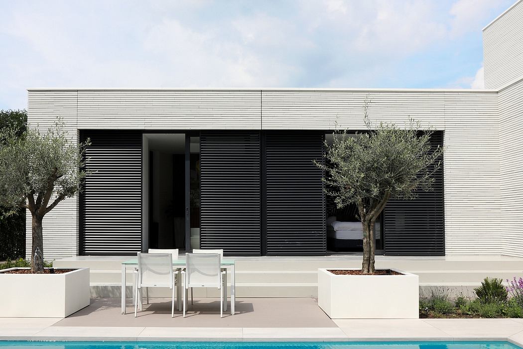 Modern minimalist architecture with sleek black slatted facade, pool, and potted plants.