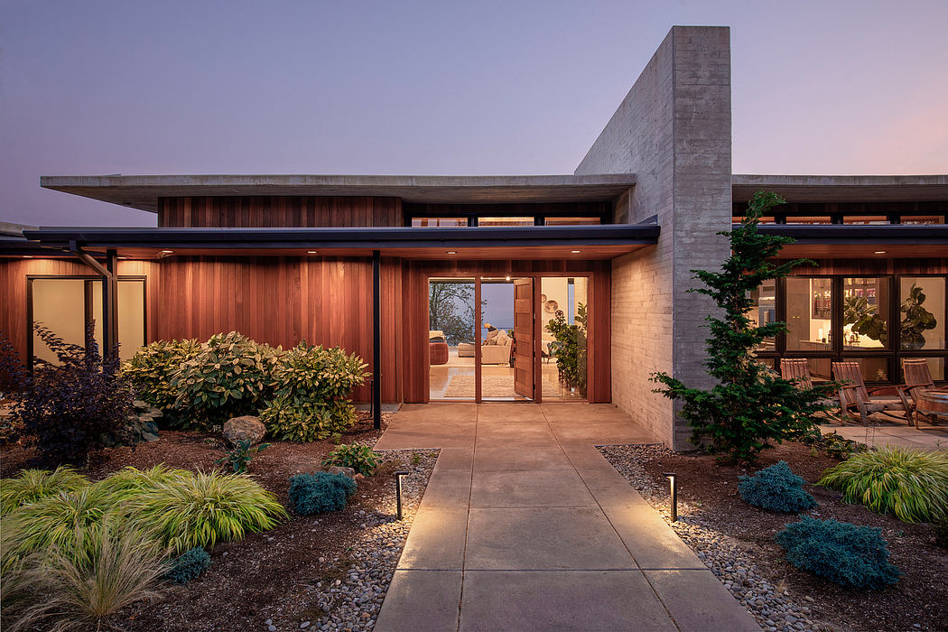 Stunning modern architectural design with wood, stone, and glass elements.