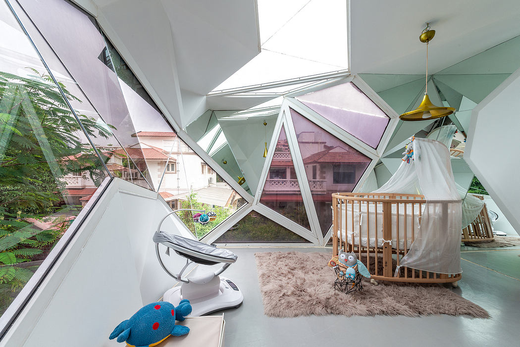 Unconventional, geometric architectural design with colorful accents and furnishings.