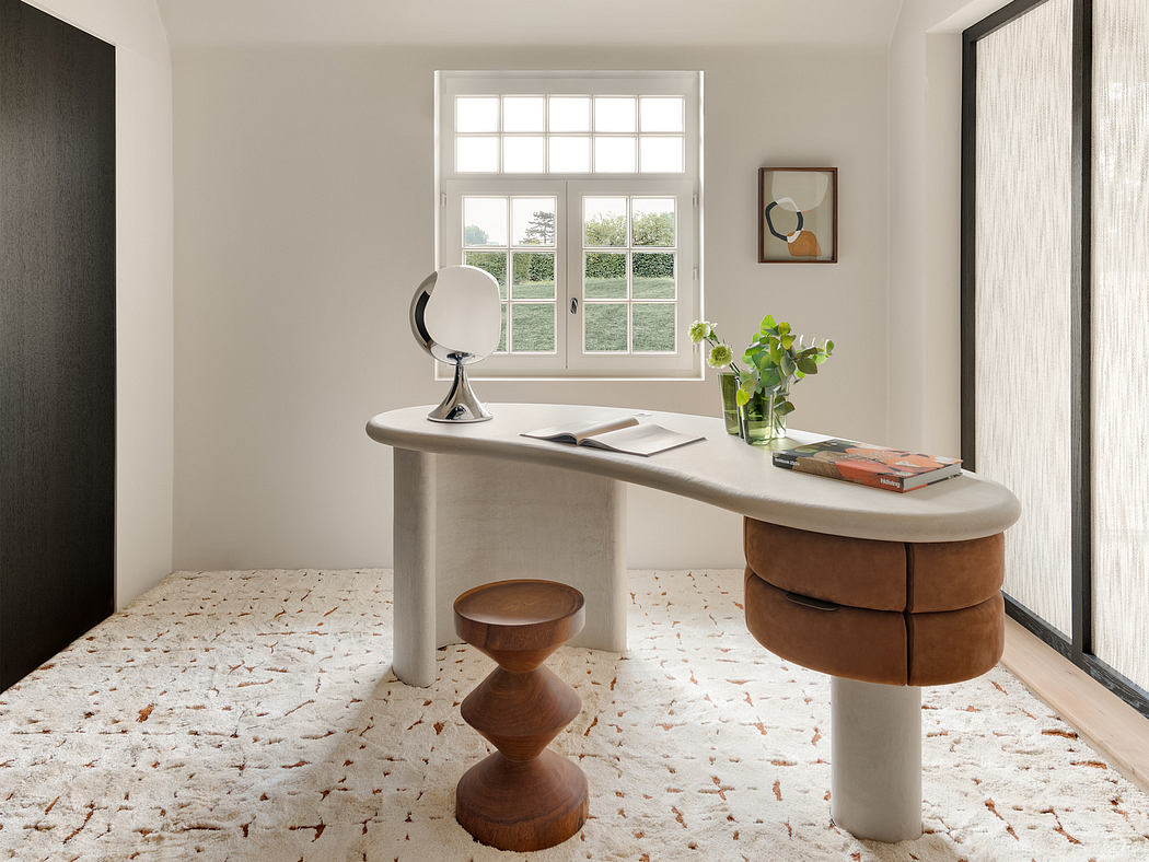 Minimalist office design with neutral tones, geometric furniture, and large windows.