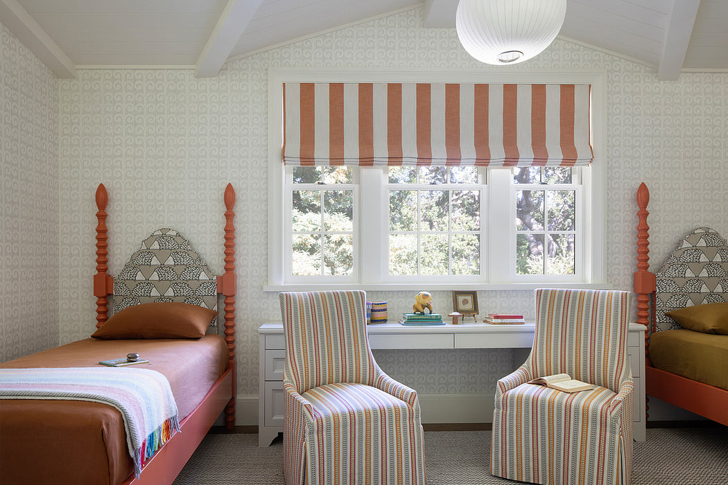 Charming children's room with patterned accents, textured walls, and a large window.