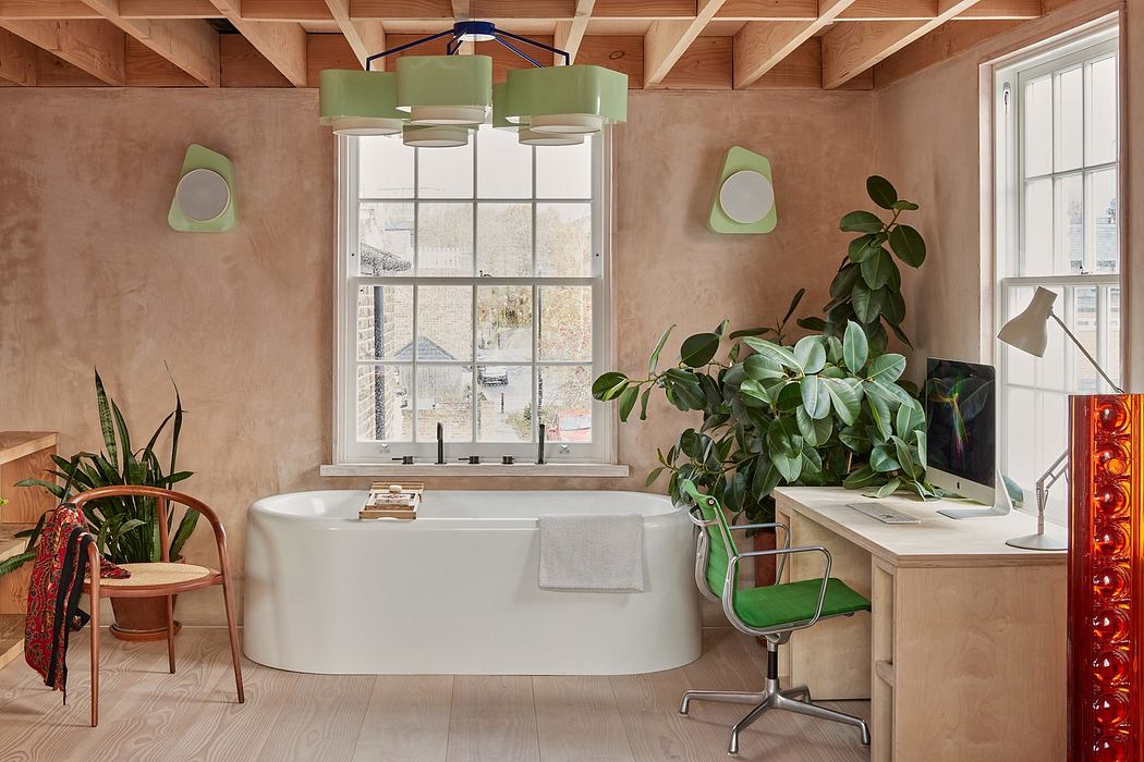 Rustic and cozy bathroom with wooden ceiling beams, large window, and modern decor.