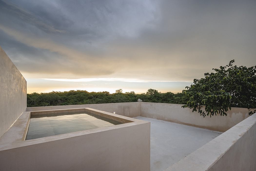 Tranquil rooftop pool surrounded by concrete walls and lush greenery, creating a serene oasis.