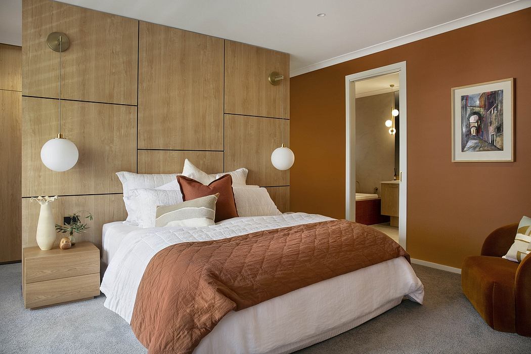 Warm-toned modern bedroom with sleek wood paneled walls and minimalist lighting.