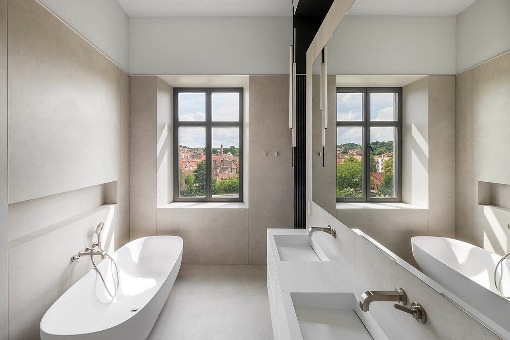 A modern, minimalist bathroom with large windows overlooking a scenic cityscape.