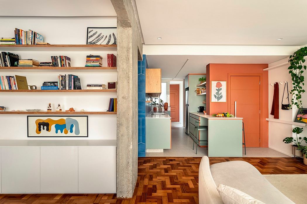 Bright, colorful apartment with wooden floors, shelving, and modern furnishings.