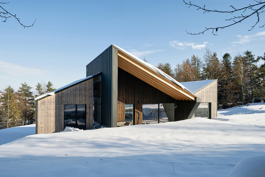 Striking modern cabin design with wooden and black steel exterior amid snowy landscape.