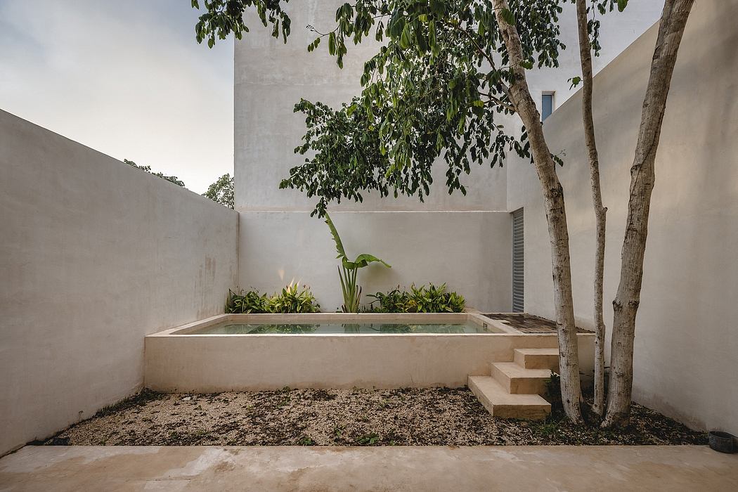 A serene, minimalist courtyard with a tranquil reflecting pool, surrounded by lush vegetation.