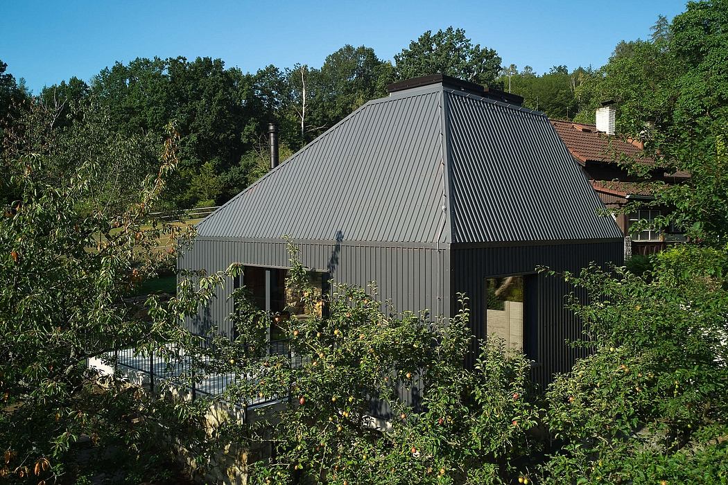 A modern home with a striking black metal roof and siding surrounded by lush greenery.
