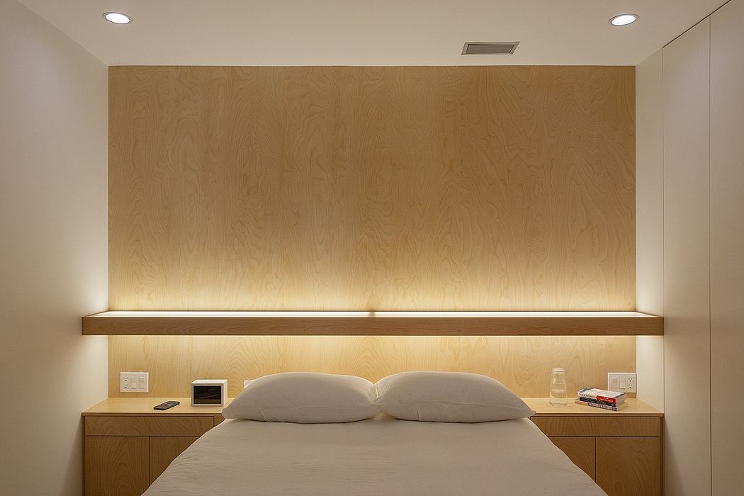 Minimalist bedroom design with wooden paneled walls, floating nightstands, and recessed lighting.