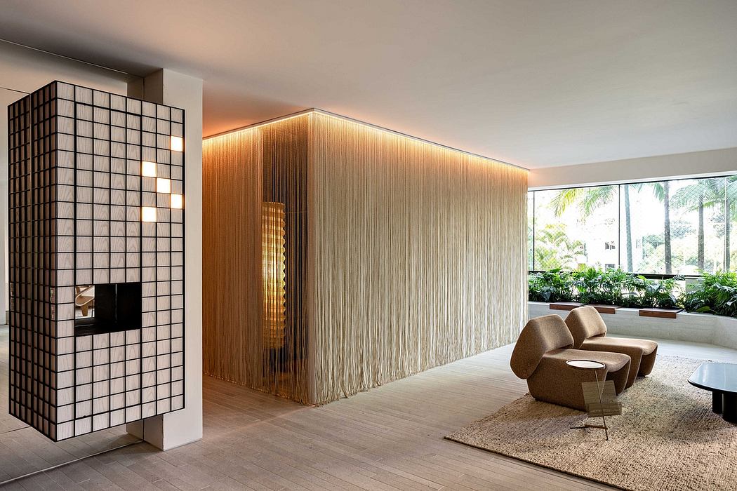 Warm, modern living space with sleek, geometric architectural features.