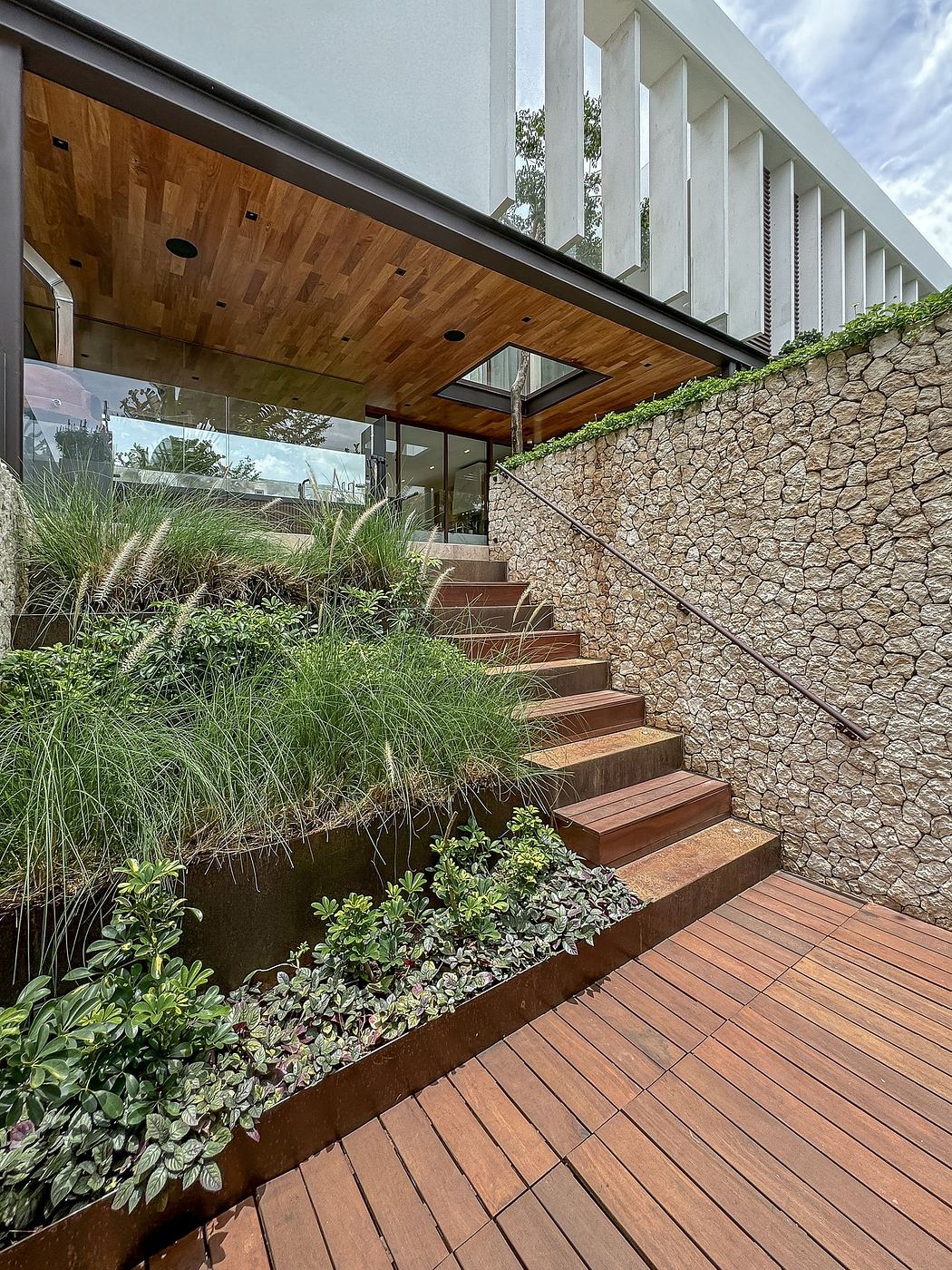 Striking contemporary architecture with wooden roof, stone wall, and lush landscaping.