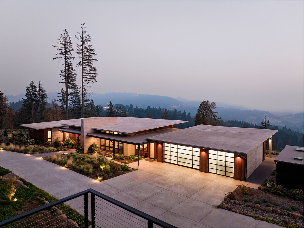 Modern, multi-level residence with distinctive wooden panels, glass walls, and landscaped surroundings.