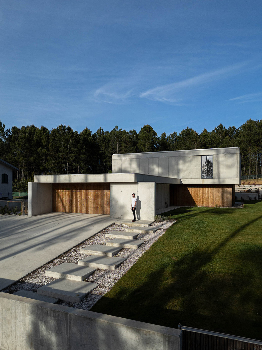 Modern concrete and wooden home surrounded by pine trees, with steps leading to the entrance.
