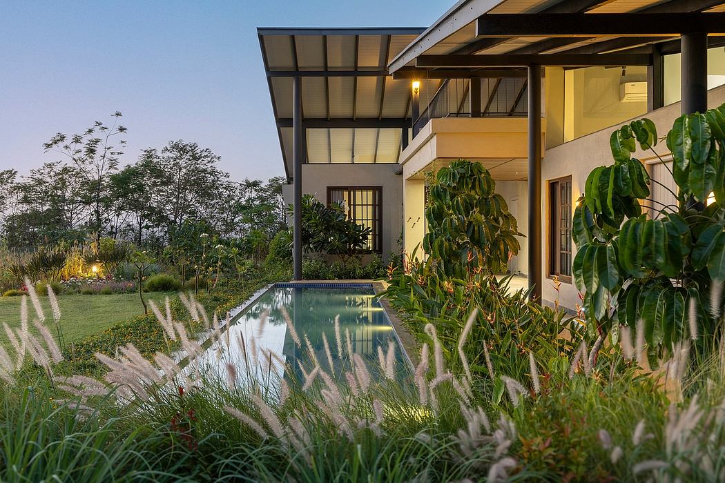 A modern tropical home with an infinity pool, lush landscaping, and warm lighting.
