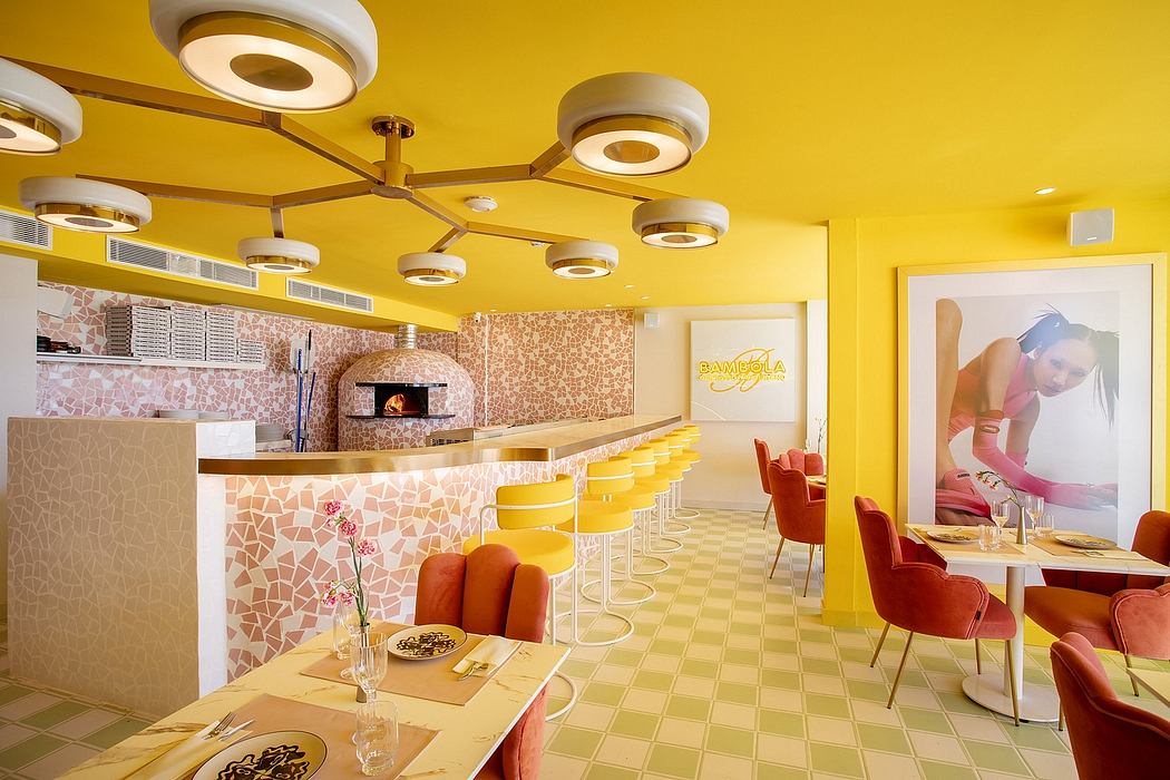 Vibrant yellow walls, mosaic tiles, and sculptural lighting fixtures create a lively, modern space.