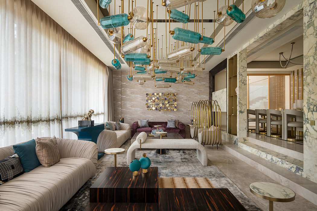 Luxurious lounge with geometric lighting fixtures, textured walls, and plush furnishings.