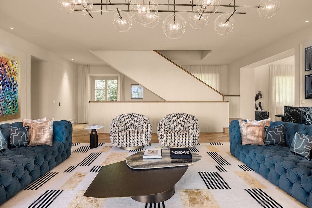 Elegant modern living room with unique lighting, patterned furnishings, and artistic decor.