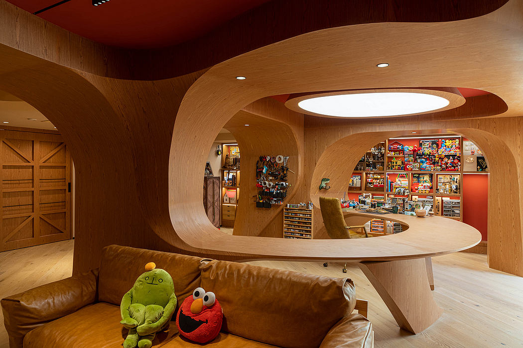 Warm, curved wooden walls and furnishings create a cozy, playful living space.