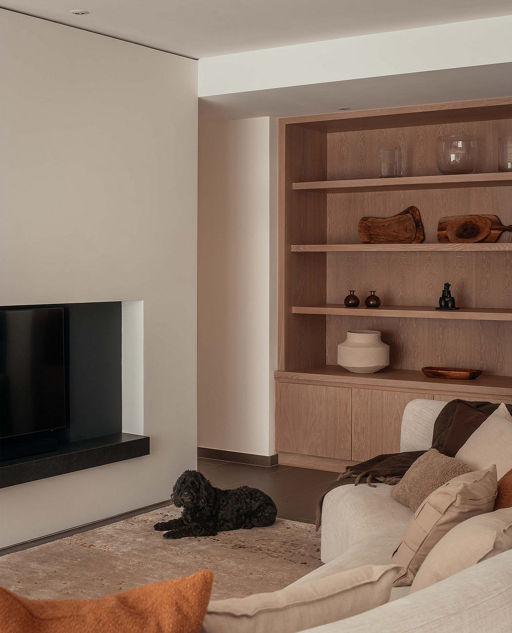 Warm, cozy living room with built-in shelves, TV, and a pet lying on the floor.