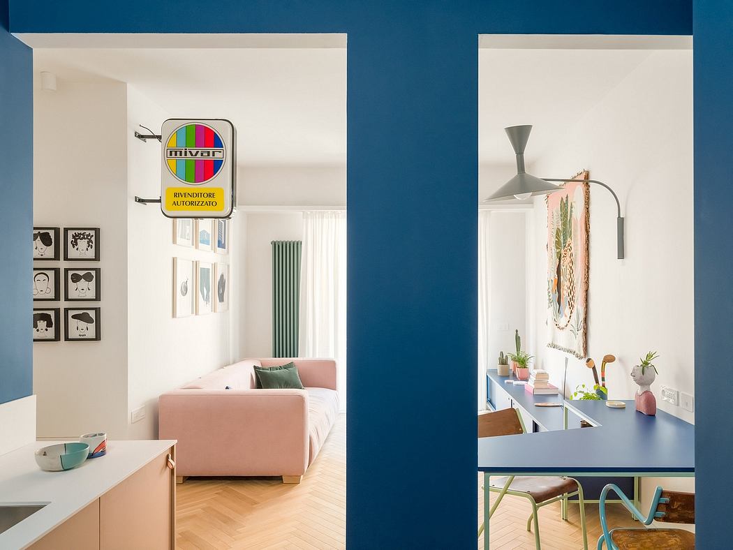 Colorful, modern interior with sleek furnishings, accents, and wall decor.