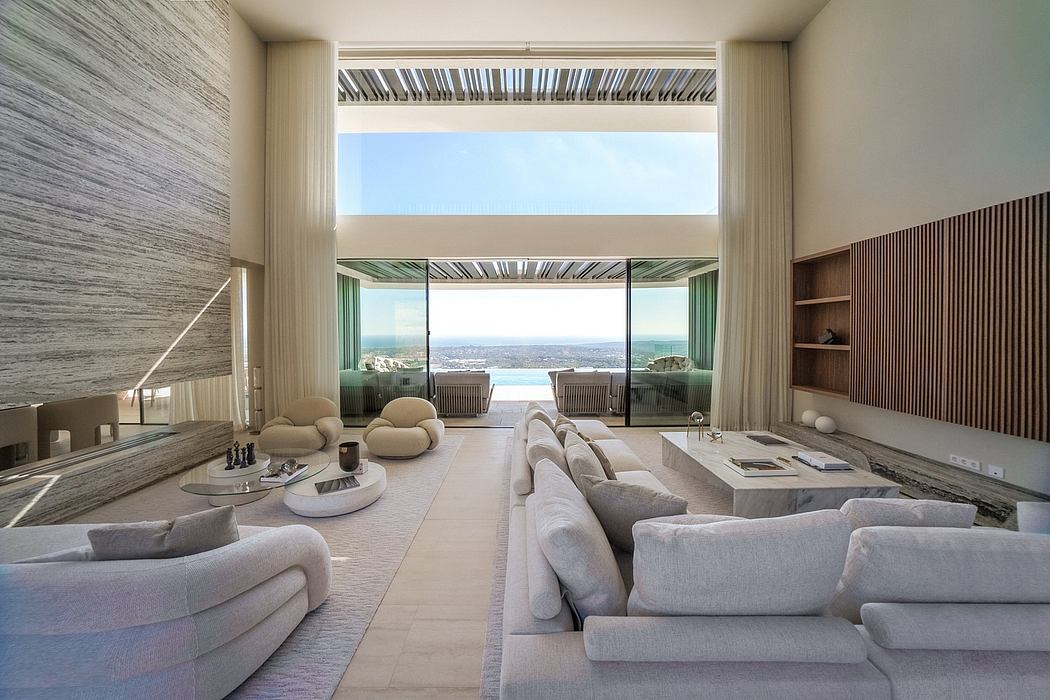 Luxurious minimalist interior with panoramic ocean views, contemporary furniture.