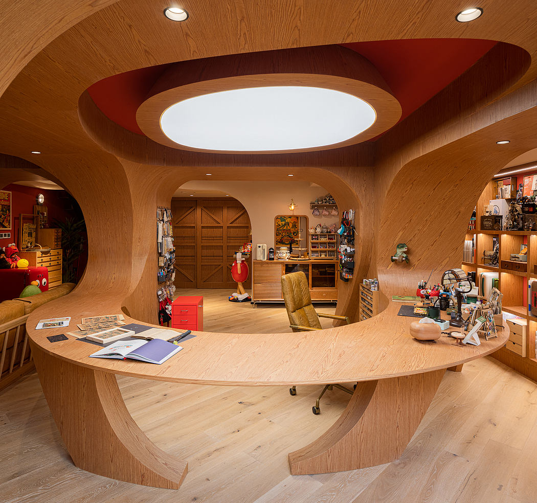Warm-toned wooden curves and arches create an inviting, creative workspace.