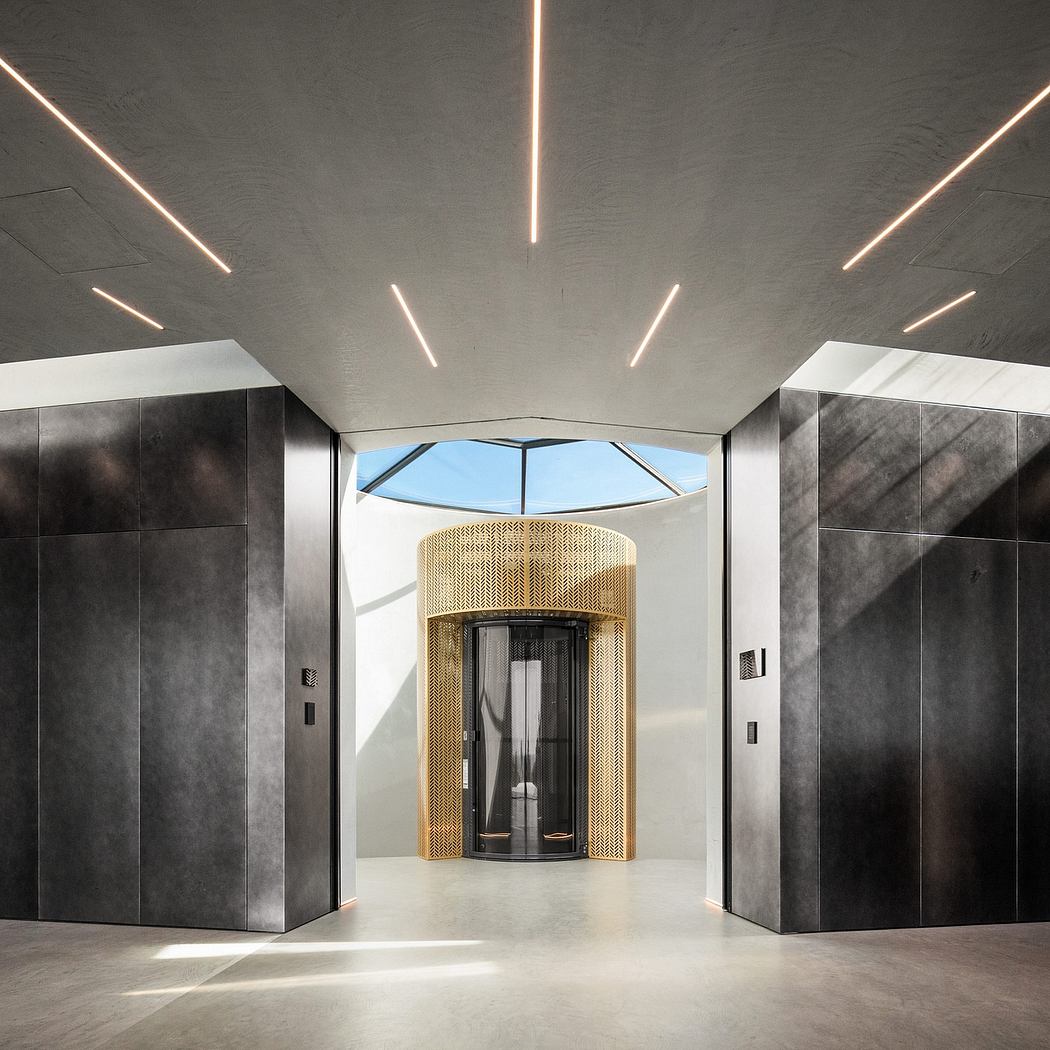 Striking architectural design with modern lighting, geometric shapes, and textured materials.