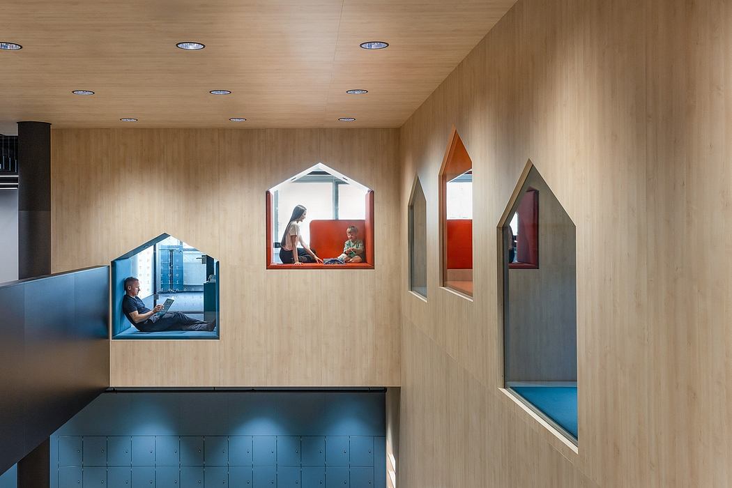 A modern, modular interior design with playful geometric window niches and textured wood paneling.