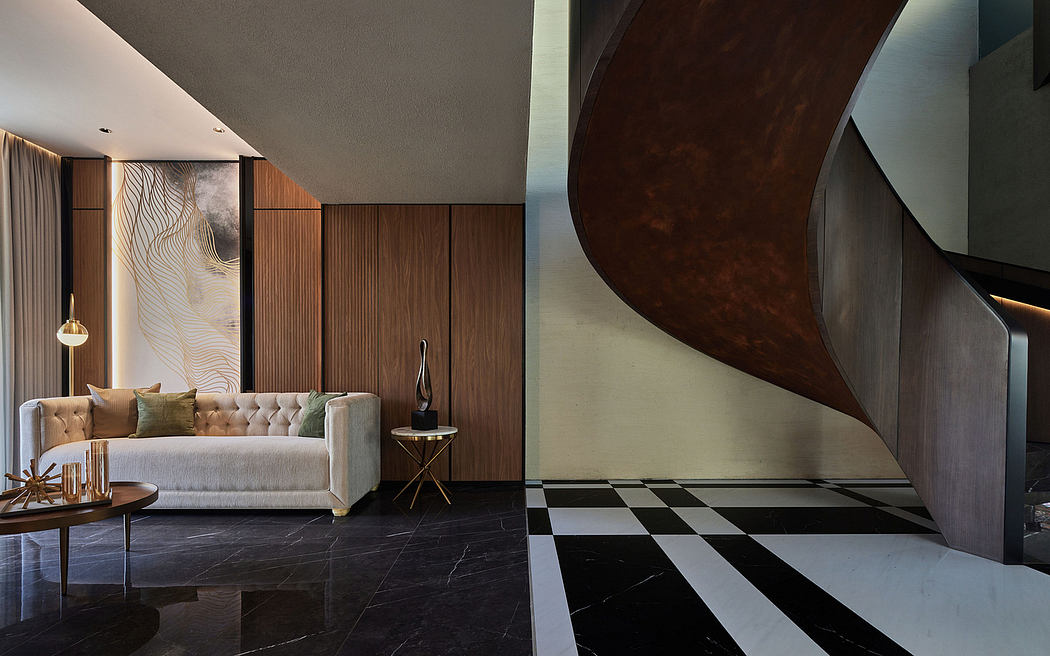Sleek modern living space with curved wood paneling, marble floor tiles, and a sculptural element.