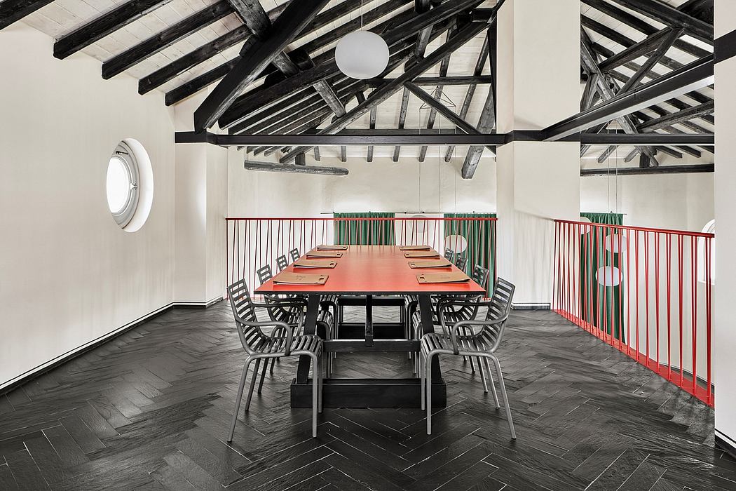 Striking architectural features, including exposed wooden beams and a distinct color palette.