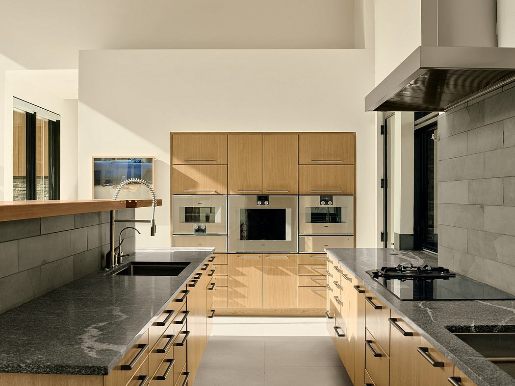 Contemporary kitchen design featuring sleek wooden cabinetry, stainless steel appliances, and granite countertops.
