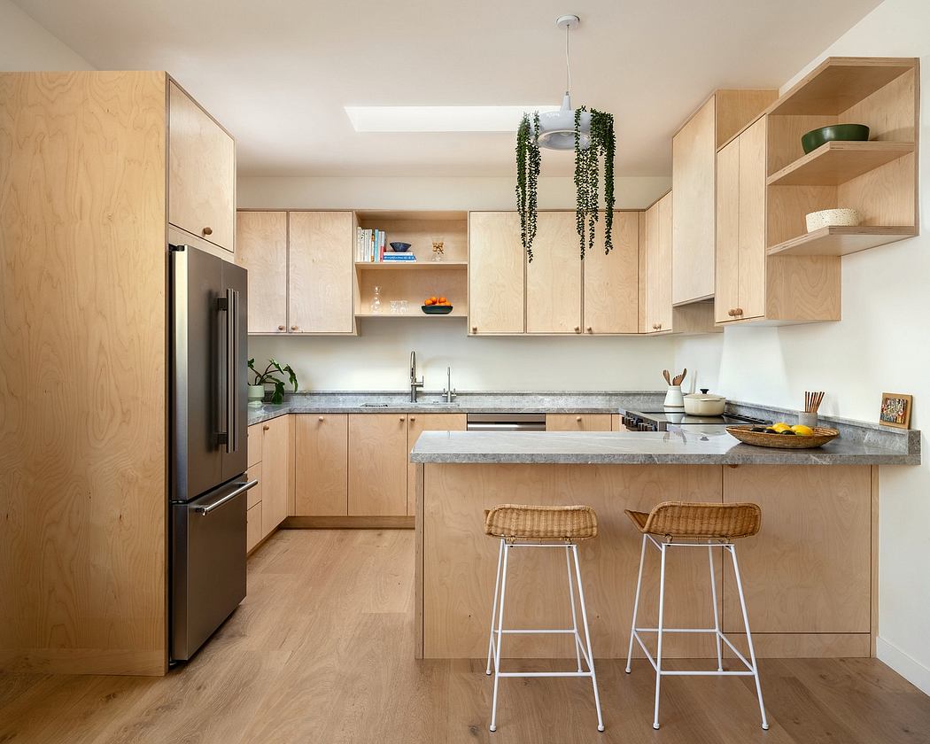 A modern kitchen with wood cabinets, granite countertops, and hanging plants.