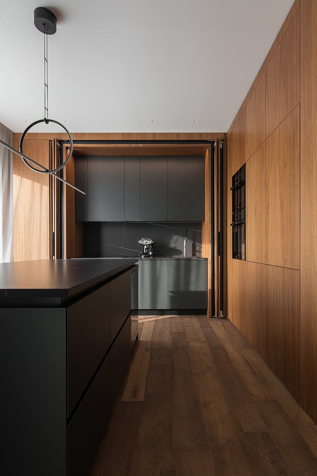 Modern kitchen with black cabinetry, wood paneling, and pendant lighting.