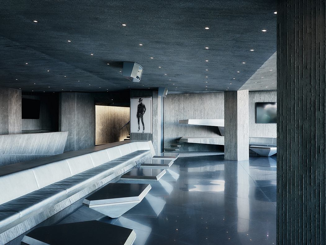 A futuristic interior design with angular, sleek furniture and dramatic lighting.