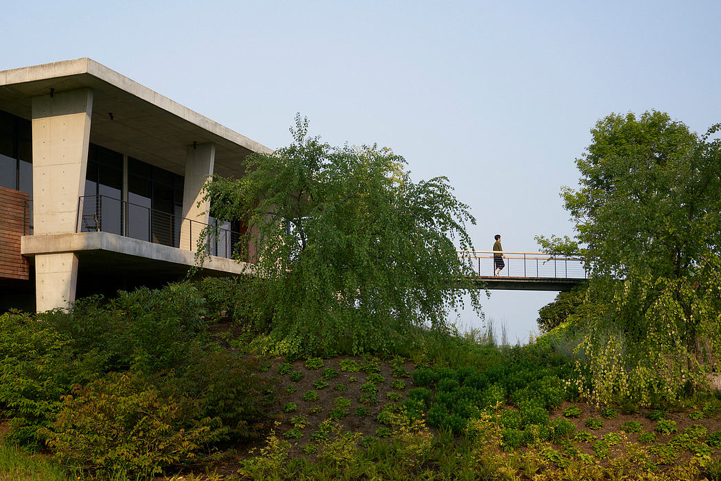 A modern concrete building with a raised walkway overlooking lush greenery.
