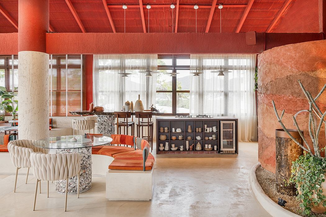 Vibrant, modern interior with textured walls, exposed roof beams, and eclectic furnishings.