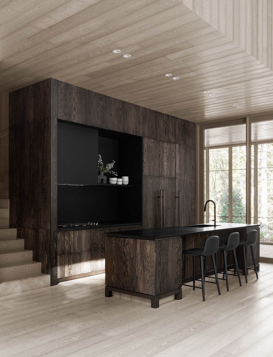 Dark wood kitchen cabinets, minimalist island, recessed lighting, large windows.