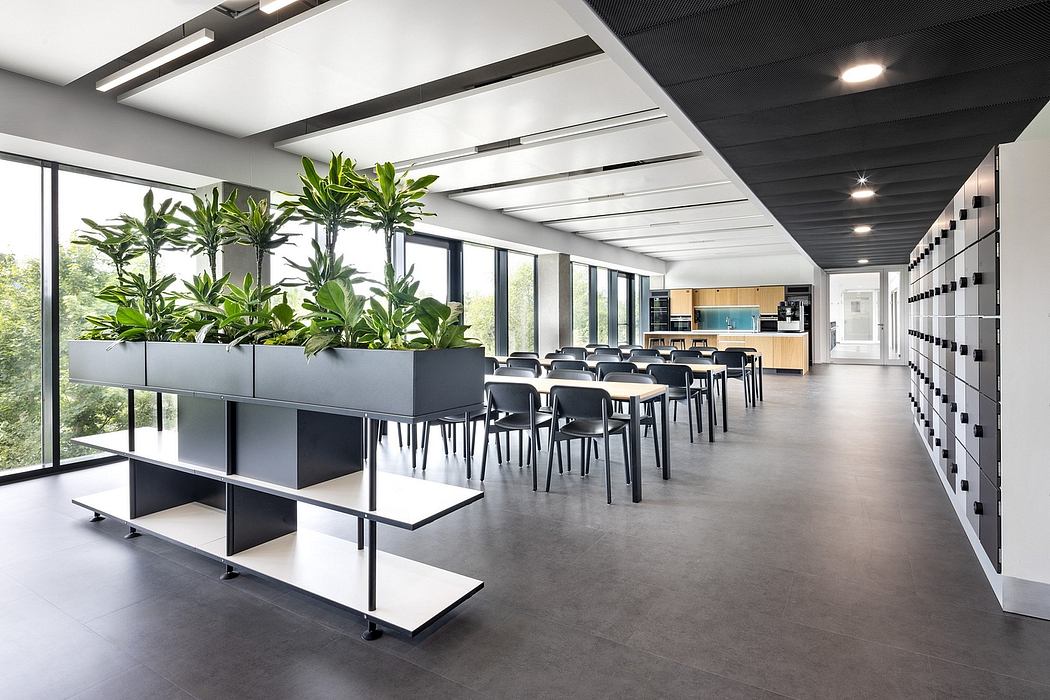 Modern, minimalist office space with sleek furniture, large windows, and lush plants.