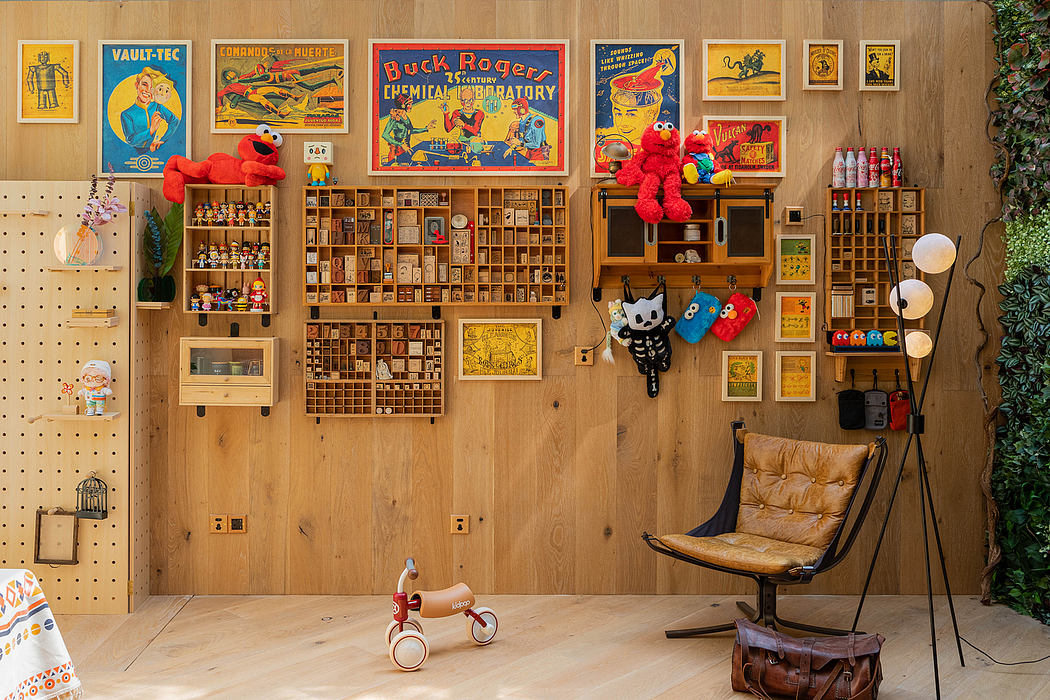 A cozy, vintage-inspired room with wooden walls, shelves, and eclectic decor.