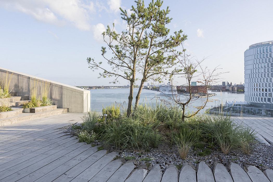 A modern urban landscape with a wooden deck, lush greenery, and a scenic waterfront view.