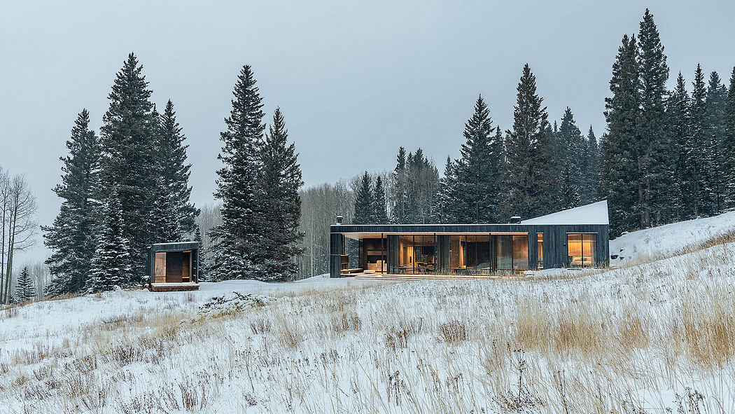 Two modern cabins nestled in a snowy forest, their warm lighting contrasting the winter landscape.